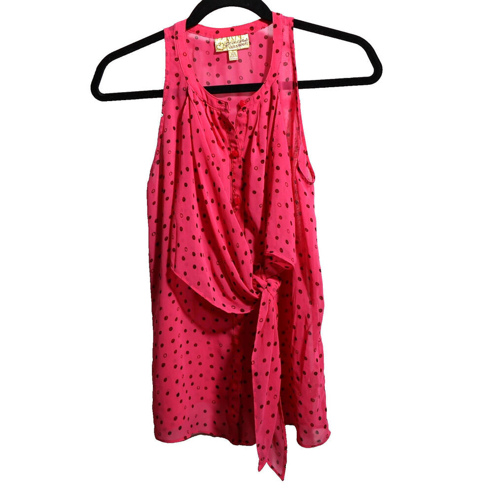 Y2K Princess Vera Wang Hot Pink‎ Polka Dot Sheer Button Up Top Sleeveless XS Tie